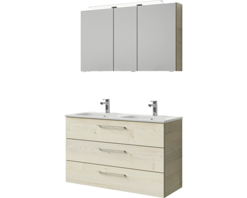 Meuble de salle de bains 3 pièces Pelipal Sunline 121 121 x 200 x 46 cm façade pin polaire décor bois avec vasque en marbre minéral avec lavabo double en fonte minérale sous-vasque armoire de toilette lumineuse