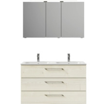 Badmöbel-Set Pelipal Sunline 121 BxHxT 121 x 200 x 46 cm Frontfarbe Polar Pinie mit Mineralguss-Doppelwaschtisch Waschtischunterschrank 3 Schubkästen und Spiegelschrank mit LED-Beleuchtung