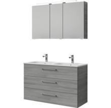Badmöbel-Set Pelipal Sunline 121 BxHxT 121 x 200 x 46 cm Frontfarbe sangallo grau mit Mineralguss-Doppelwaschtisch Waschtischunterschrank 3 Schubkästen und Spiegelschrank mit LED-Beleuchtung