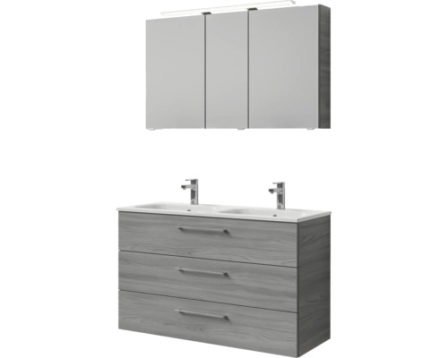 Meuble de salle de bains 3 pièces Pelipal Sunline 121 121 x 200 x 46 cm façade gris sangallo mat avec vasque en marbre minéral avec lavabo double en fonte minérale sous-vasque armoire de toilette lumineuse