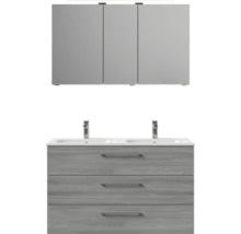 Badmöbel-Set Pelipal Sunline 121 BxHxT 121 x 200 x 46 cm Frontfarbe sangallo grau mit Mineralguss-Doppelwaschtisch Waschtischunterschrank 3 Schubkästen und Spiegelschrank mit LED-Beleuchtung