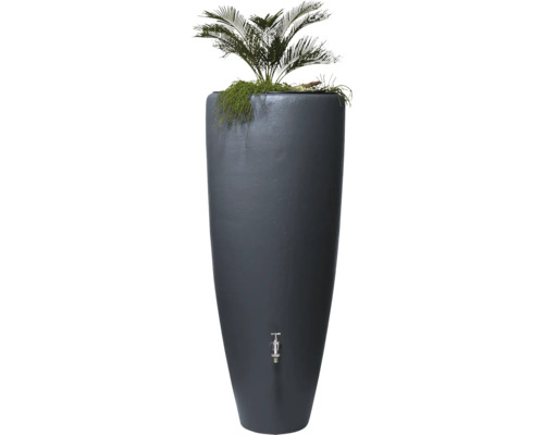 Réservoir d''eau de pluie gris avec plante et robinet