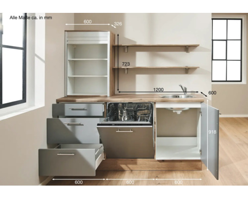 Cuisine compacte avec évier, lave-vaisselle, tiroirs et étagères pour l''aménagement de la cuisine