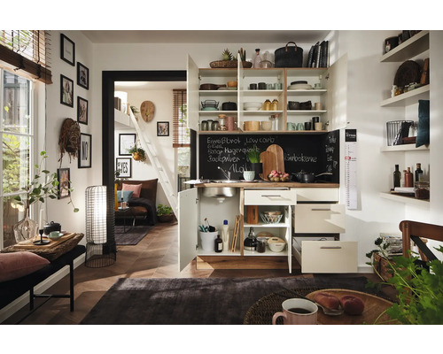 Cuisine compacte dans un espace de vie avec étagères, évier et tiroirs