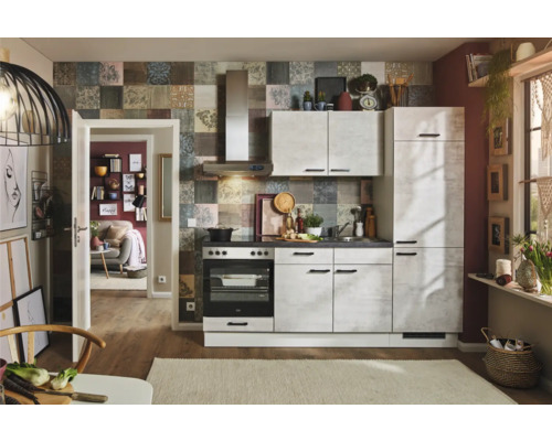 PICCANTE Plus Küchenzeile mit Geräten Casual 220 cm beton weißgrau matt montiert