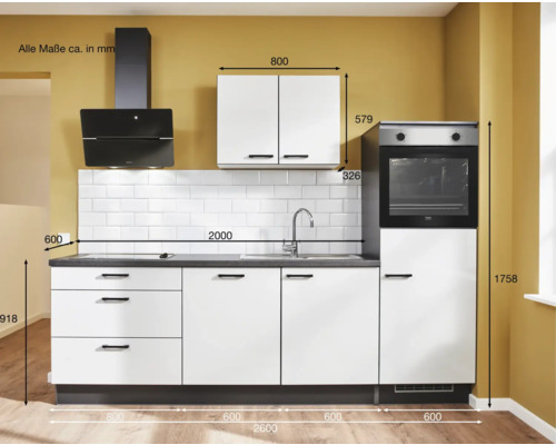 Cuisine avec évier, four et hotte aspirante avec dimensions