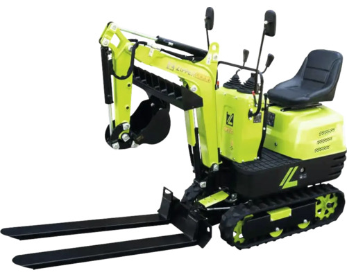 Mini-excavatrice avec bras d''excavation et fourche