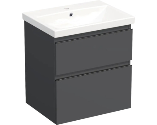 Jungborn Waschplatz TRENTA BxHxT 60x65x45 cm anthrazit matt mit Keramik-Waschtisch Griffleiste schwarz Waschtischunterschrank mit zwei Schubladen und Keramikwaschbecken