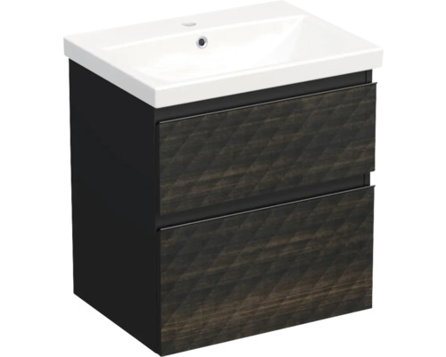 Meuble de lavabo Jungborn TRENTA lxhxp 60x65x45 cm structure pyramides 3D brun noir avec vasque céramique barre de prise noire Meuble sous-lavabo avec deux tiroirs et lavabo en céramique