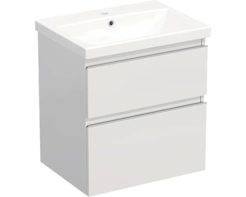 Meuble de lavabo Jungborn TRENTA lxhxp 60x65x45 cm blanc brillant avec vasque céramique barre de prise chrome mat