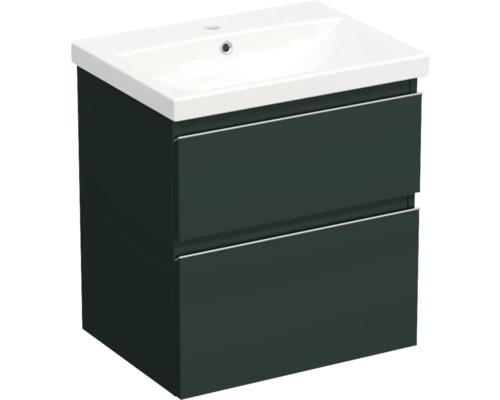 Jungborn Waschplatz TRENTA BxHxT 60x65x45 cm grün salvia matt mit Keramik-Waschtisch Griffleiste chrom matt Waschtischunterschrank mit zwei Schubladen und Aufsatzwaschbecken