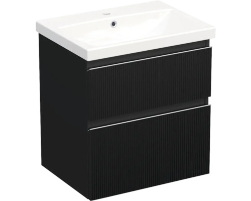 Meuble de lavabo Jungborn TRENTA lxhxp 60x65x45 cm structure rayures 3D noir avec vasque céramique barre de prise chrome mat Meuble sous-lavabo avec deux tiroirs et lavabo
