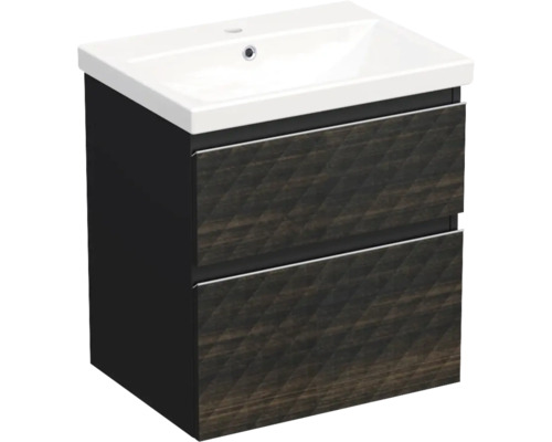 Jungborn Waschplatz TRENTA BxHxT 60x65x45 cm 3D-Pyramiden-Struktur schwarzbraun mit Keramik-Waschtisch Griffleiste chrom matt Waschtischunterschrank mit zwei Schubladen und Aufsatzwaschbecken