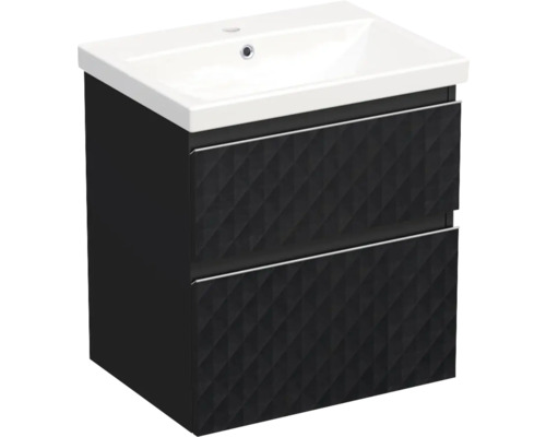 Meuble de lavabo Jungborn TRENTA lxhxp 60x65x45 cm structure pyramides 3D noir avec vasque céramique barre de prise chrome mat Meuble sous-lavabo avec deux tiroirs et lavabo en céramique