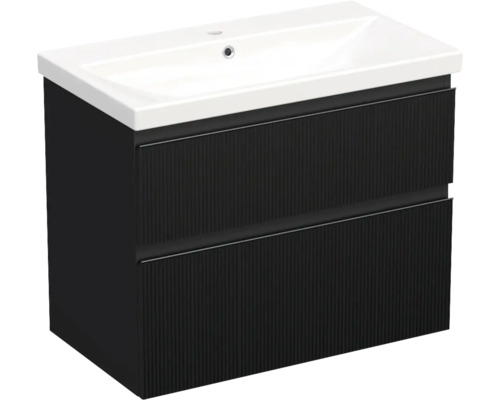 Meuble de lavabo Jungborn TRENTA lxhxp 80x65x45 cm structure rayures 3D noir avec vasque céramique barre de prise noire