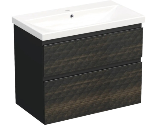 Meuble de lavabo Jungborn TRENTA lxhxp 80x65x45 cm structure pyramides 3D brun noir avec vasque céramique barre de prise noire Meuble sous-vasque avec deux tiroirs et lavabo