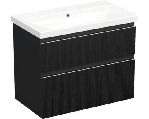 Meuble de lavabo Jungborn TRENTA lxhxp 80x65x45 cm structure rayures 3D noir avec vasque céramique barre de prise chrome mat Meuble sous-vasque avec deux tiroirs et vasque à poser