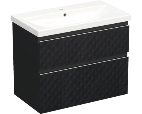 Meuble de lavabo Jungborn TRENTA lxhxp 80x65x45 cm structure pyramides 3D noir avec vasque céramique barre de prise chrome mat Meuble sous-vasque avec deux tiroirs et lavabo