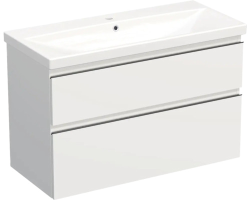 Meuble de lavabo Jungborn TRENTA lxhxp 100x65x45 cm blanc mat avec vasque céramique barre de prise noire