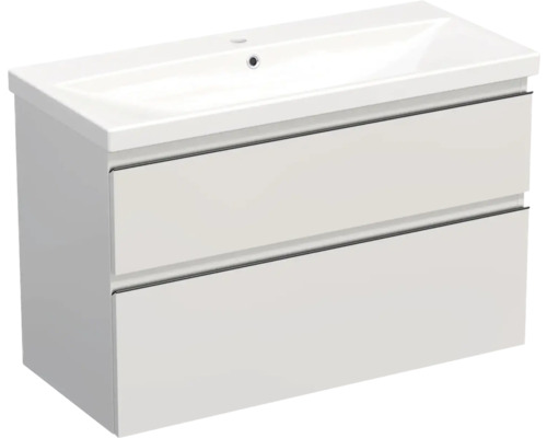 Meuble de lavabo Jungborn TRENTA lxhxp 100x65x45 cm blanc brillant avec vasque céramique barre de prise noire