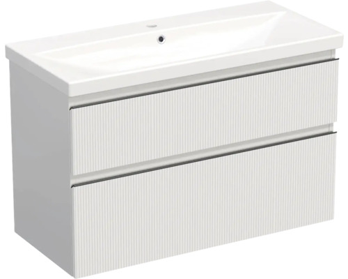 Meuble de lavabo Jungborn TRENTA lxhxp 100x65x45 cm structure rayures 3D blanc avec vasque céramique barre de prise noire