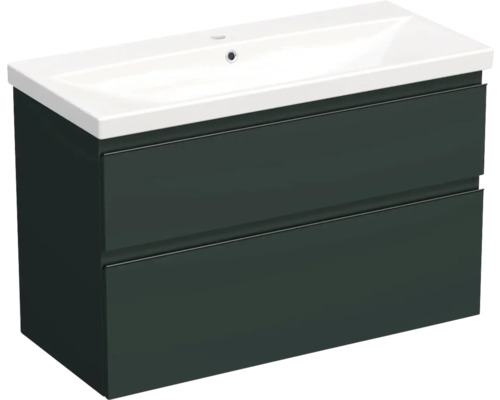 Meuble de lavabo Jungborn TRENTA lxhxp 100x65x45 cm vert sauge mat avec vasque céramique barre de prise noire