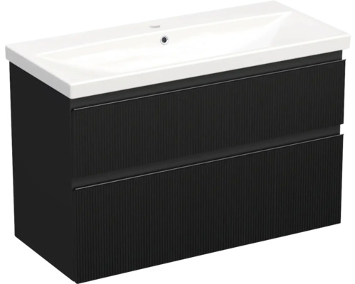 Jungborn Waschplatz TRENTA BxHxT 100x65x45 cm 3D-Streifen-Struktur schwarz mit Keramik-Waschtisch Griffleiste schwarz Jungborn Waschplatz TRENTA BxHxT 100x65x45 cm 3D-Streifen-Struktur schwarz mit Keramik-Waschtisch Griffleiste schwarz