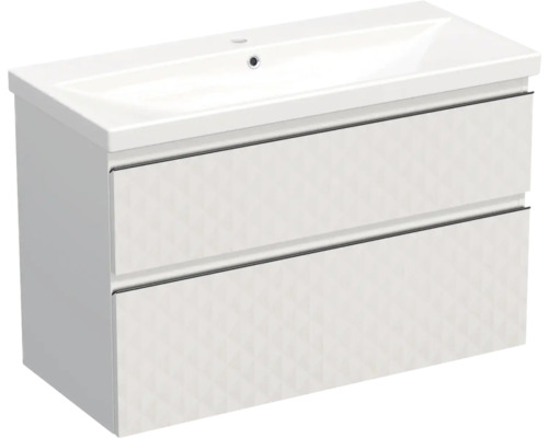 Meuble de lavabo Jungborn TRENTA lxhxp 100x65x45 cm structure pyramides 3D blanc avec vasque céramique barre de prise noire