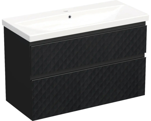 Meuble de lavabo Jungborn TRENTA lxhxp 100x65x45 cm structure pyramides 3D noir avec vasque céramique barre de prise noire