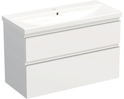 Meuble de lavabo Jungborn TRENTA lxhxp 100x65x45 cm blanc mat avec vasque céramique barre de prise chrome mat