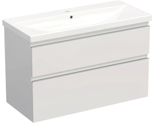 Jungborn Waschplatz TRENTA BxHxT 100x65x45 cm weiß glanz mit Keramik-Waschtisch Griffleiste chrom matt Waschbeckenunterschrank mit zwei Schubladen