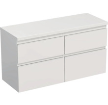 Meuble sous-vasque blanc avec quatre tiroirs pour la salle de bains.