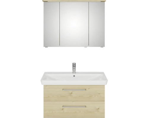 Badmöbel-Set Pelipal Sunline 105 BxHxT 96 x 200 x 48,5 cm Frontfarbe Polar Pinie mit Keramik-Waschtisch Waschtischunterschrank und Spiegelschrank mit LED-Beleuchtung Waschtischkombination mit Spiegelschrank für das Badezimmer