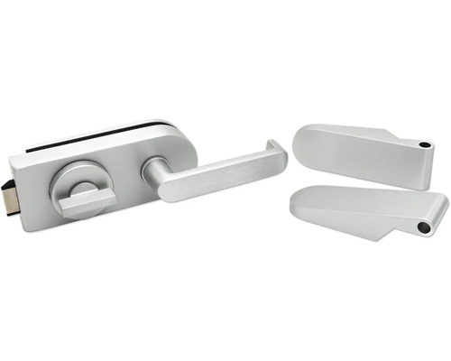 Glastürschloss mit Drückergarnitur und Bändern aus Stahl