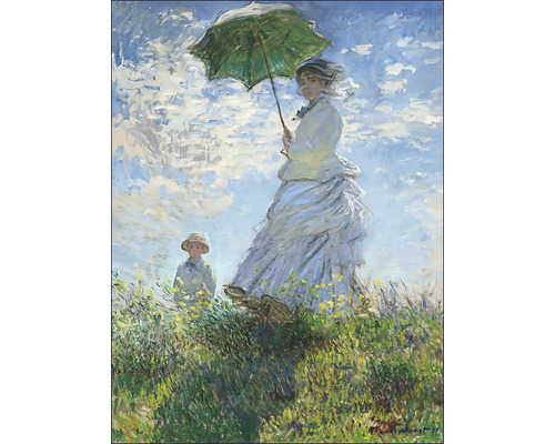 Leinwandbild Claude Monet Madame Monet 84x116 cm Gemälde einer Frau mit einem Sonnenschirm in einer windigen Landschaft
