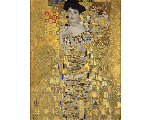 Leinwandbild Klimt Portrait Of Adele 84x116 cm Gemälde von Gustav Klimt, das Adele Bloch-Bauer I. zeigt, mit einem goldenen, verzierten Hintergrund.