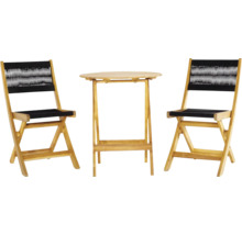 Gartenset bestehend aus Klapptisch und zwei Klappstühlen aus Holz mit schwarzen Seilsitzen