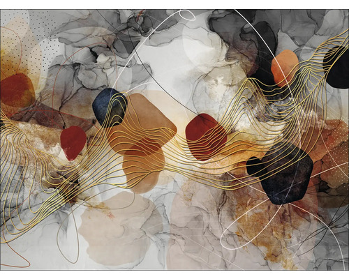 Abstraktes Wandbild mit Steinformationen und goldenen Linien