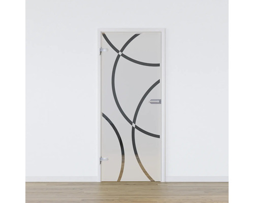 Porte vitrée Pertura set complet Glera Loop 01 584x2085x8 mm gauche y compris ferrure Jonte Studio non verrouillable Porte d''intérieur en verre avec motif de cercles