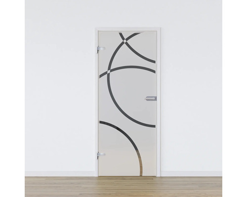 Porte vitrée Pertura set complet Glera Loop 02 584x2097x8 mm gauche y compris ferrure Jonte Studio non verrouillable Porte intérieure en verre avec motif circulaire et ferrures