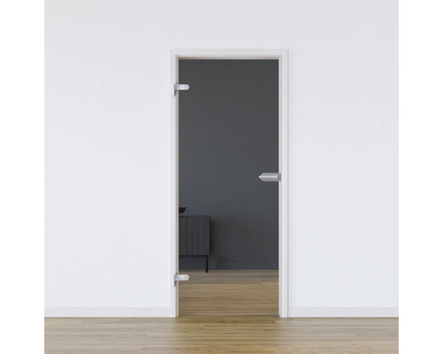 Porte vitrée Pertura set complet Freia Clear 584x2085x8 mm gauche y compris ferrure Jonte Studio non verrouillable Porte en verre ouverte avec cadre de porte et ferrures dans une pièce lumineuse
