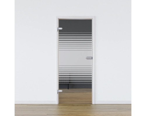 Porte vitrée Pertura set complet Glera Strata 584x2085x8 mm gauche y compris ferrure Jonte Studio non verrouillable Porte intérieure avec des rayures horizontales dans une pièce lumineuse.