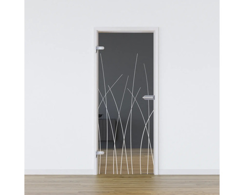 Porte vitrée Pertura set complet Glera Reeds 01 709x2097x8 mm gauche y compris ferrure Jonte Studio non verrouillable Porte en verre avec décor linéaire dans une pièce lumineuse