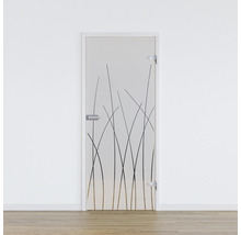 Porte en verre avec motif végétal et ferrures