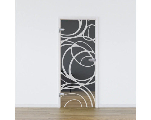 Porte vitrée Pertura set complet Glera Mystic 01 959x2085x8 mm gauche y compris ferrure Jonte Studio non verrouillable Porte en verre avec motif circulaire dans une pièce