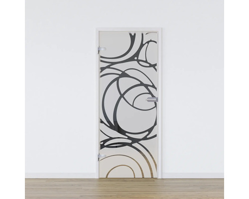 Porte vitrée Pertura set complet Glera Mystic 02 584x2097x8 mm gauche y compris ferrure Jonte Studio non verrouillable Porte en verre avec motif abstrait pour intérieur