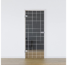 Porte en verre avec motif de grille dans une pièce lumineuse.