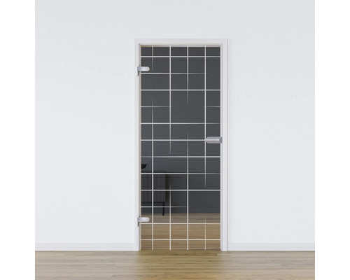 Porte vitrée Pertura set complet Glera Mesh 01 959x2097x8 mm gauche y compris ferrure Jonte Studio non verrouillable Porte en verre avec motif de grille dans une pièce lumineuse.