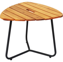 Dreieckiger Gartentisch aus Holz mit Metallbeinen