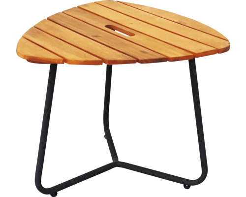 Dreieckiger Gartentisch aus Holz mit Metallbeinen